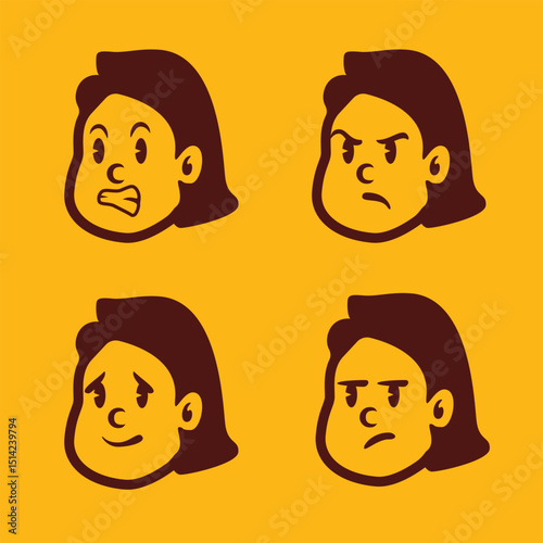 Cartoon girl face vector with long hair showing funny and expressive emotions: shock, fear, anger, and mischief. Bold style perfect for kids’ content, comics, and UI design