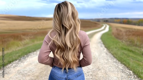 Walking Down Rural Road Blond Woman Back View Slow Motion