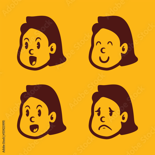 Cartoon girl face vector with long hair showing funny and expressive emotions: shock, fear, anger, and mischief. Bold style perfect for kids’ content, comics, and UI design