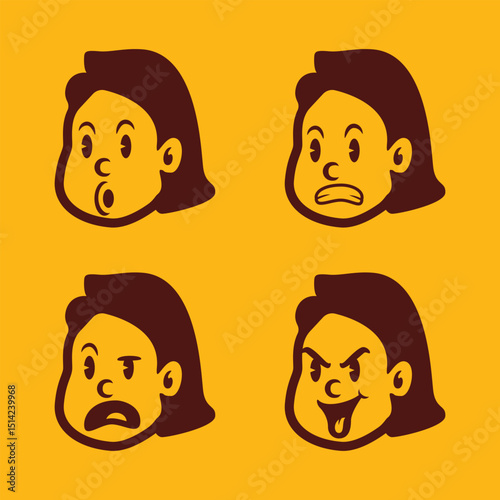 Cartoon girl face vector with long hair showing funny and expressive emotions: shock, fear, anger, and mischief. Bold style perfect for kids’ content, comics, and UI design