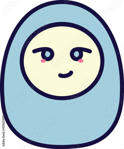 Smiling cute doll icon with blushing cheeks and soft blue hood