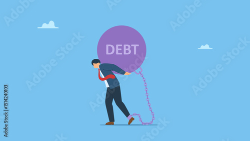 A character in suit carrying the burden of debt on his back. Debt or NPL problem, loan or lending crisis, overspending mistake causing debt burden, recession or bankruptcy, credit default.