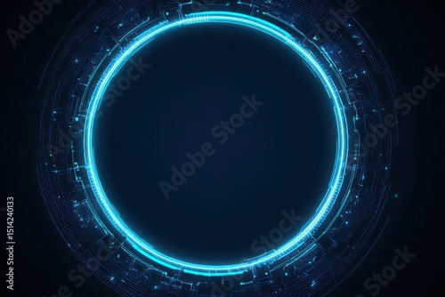Futuristic Glowing Blue Circle with Circuitry on Dark Background, Digital Design.