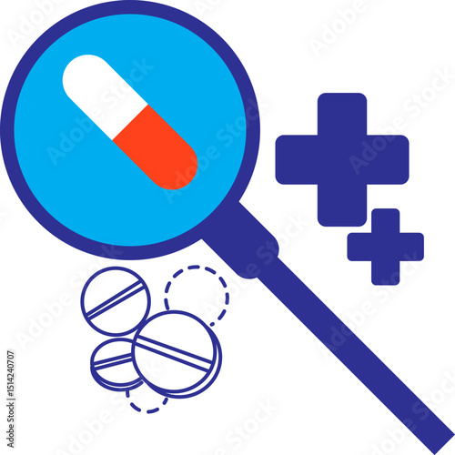 Magnifying glass conveys medical concepts, physical examination, health illustration, medication and treatment