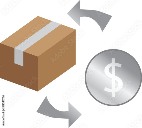 Box of goods and coins represent the exchange of goods and money
