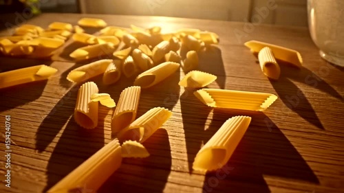 Displaying Penne Pasta on Wood Table Close Up Still Life