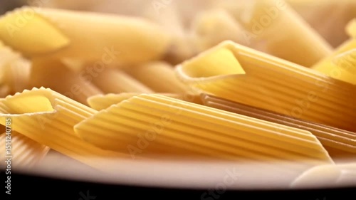 Close-Up View of Dry Penne Pasta Ready for Cooking Authentic Italian Cuisine Ingredient