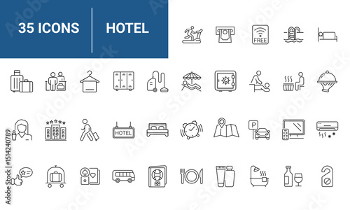 Hotel set of web icons in line style. Hotel and vacation icons for web and mobile app. Hotel services, recreational rest, relax, travel. Vector illustration