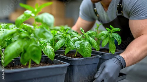Man Working with Green Plants in Indoor Garden Slow Motion