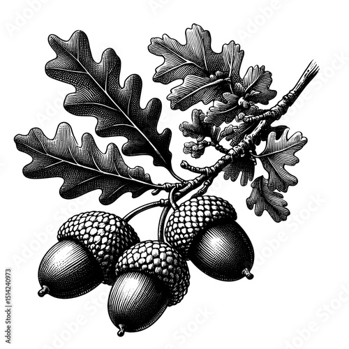 Oak branch with acorns and leaves in black and white illustration  