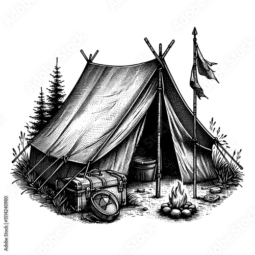 Vintage camping tent with gear and campfire in forest setting  