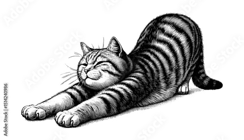 Stretching tabby cat with closed eyes in black and white illustration  