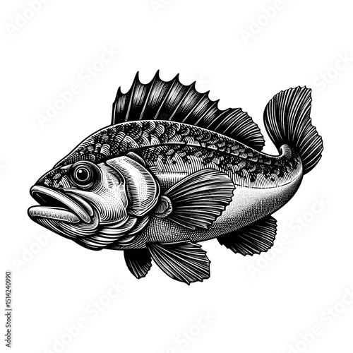Graphic illustration of a detailed fish in monochrome style. This detailed monochrome fish illustration features intricate scales and fins.
