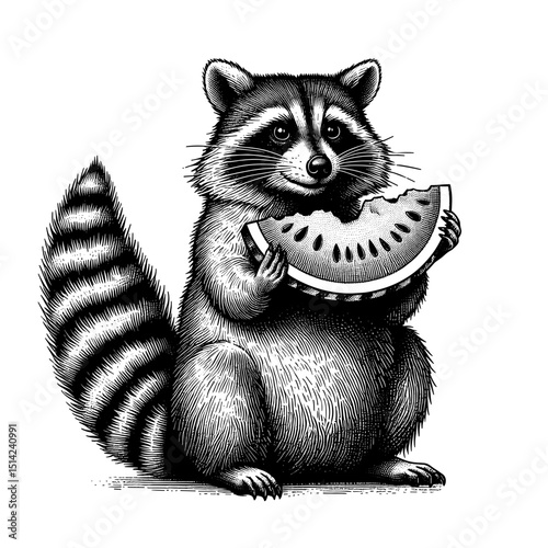Raccoon happily eating watermelon slice in playful illustration style  