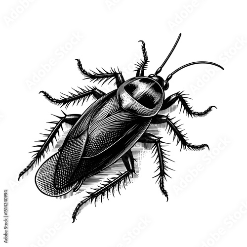 Black cockroach illustration with detailed features and texture  
