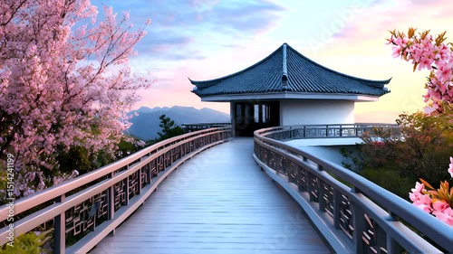 Walking on Wooden Bridge Towards Traditional Architecture During Sunset