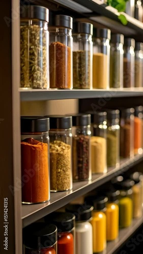 Wallpaper Mural Assorted culinary spices and seasonings in clear glass jars with black lids on shelves, culinary ingredients variety Torontodigital.ca