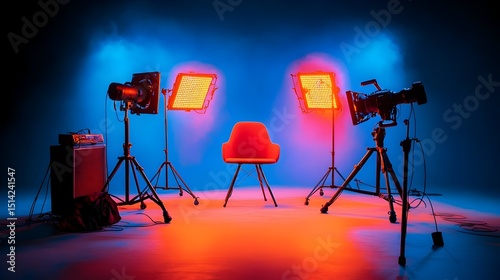 A red chair sits center stage in a small studio, illuminated by two bright lights and flanked by professional filming equipment.  A blue and red gradient backdrop enhances the dramatic mood