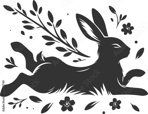 Floral style with a easter bunny animal vector silhouette