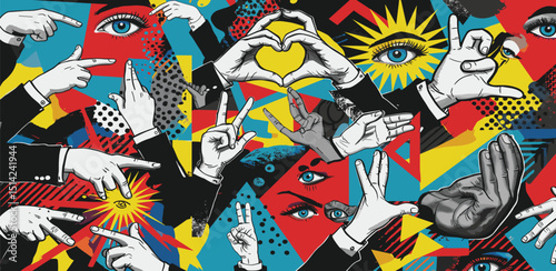 Trendy halftone collage elements set. Cut out clipping hand emoji gestures, mouths and eye with bold colorful geometric shapes.