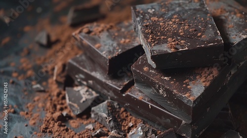 Gourmet dark chocolate bar broken into pieces with cocoa powder dusting the surface