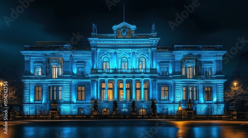 A grand building illuminated in a vibrant blue light at night. photo