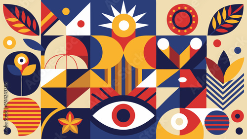 Geometric pattern with floral and celestial elements