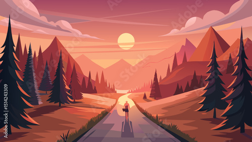 Person walking on road towards sunset mountain scenery