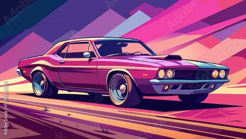 Illustration of a classic car with mountain backdrop