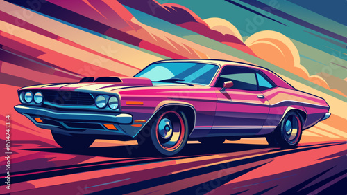 Retro muscle car in motion with colorful background