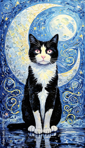 Whimsical Cat Painting With Crescent Moon And Stars