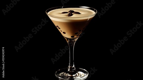 Gourmet espresso martini with a creamy froth and three coffee beans floating on top served in an elegant cocktail glass