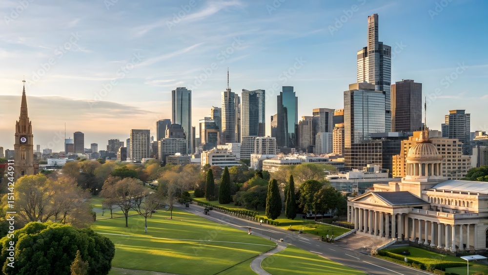 Obraz premium Melbourne Cityscape at Sunset A Stunning View of Urban Architecture and Green Spaces