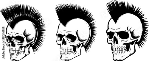 Punk Rock Skull with Mohawk – Grunge Style T-Shirt Design Vector on Transparent Background