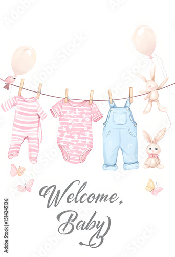 Whimsical Baby Clothesline Illustration With Soft Pastel Tones