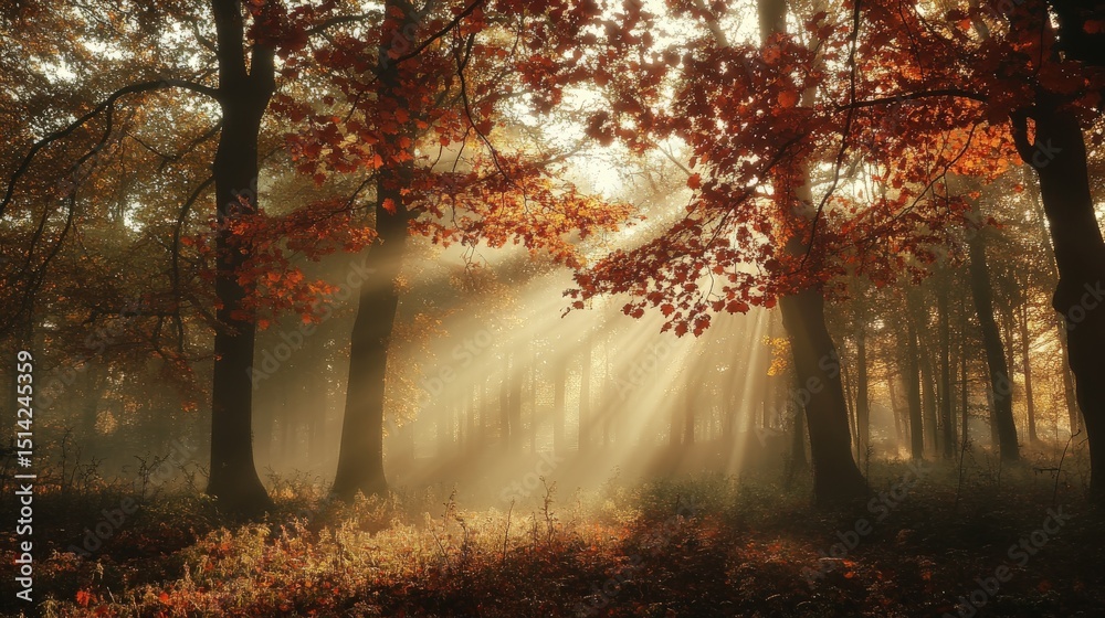 Obraz premium Sunlight streams through autumn foliage in a misty forest.