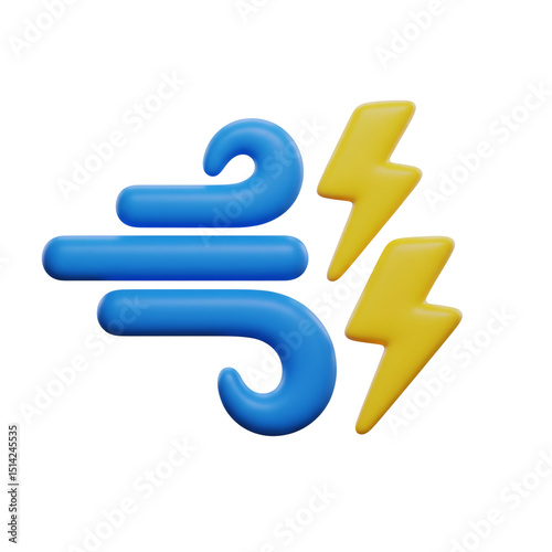 3D Render of Windy and Stormy Weather Icon with Lightning and Wind on transparent background