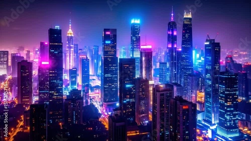 Wallpaper Mural Spectacular Nightscape: Mesmerizing View of Futuristic Urban Metropolis with Neon Glow Torontodigital.ca