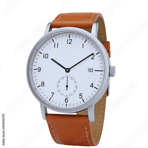 Elegant Wristwatch with Brown Leather Strap and White Dial on a Black Background Perfect for Timekeeping and Style Close up High Resolution