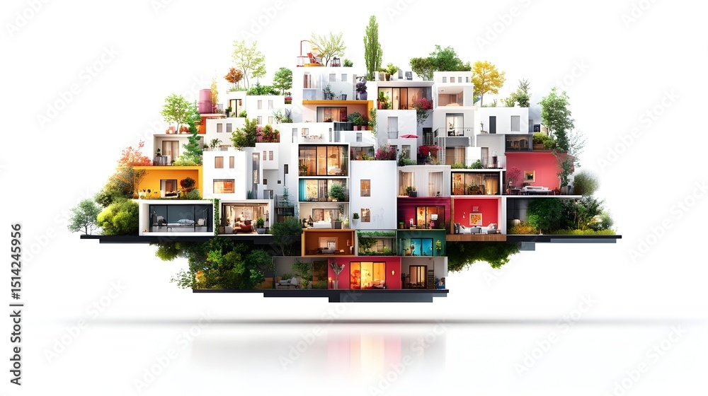 Fototapeta premium A vibrant cluster of diverse, interconnected homes, showcasing interiors and lush landscaping, floats on a cloud-like base against a stark white background, reflecting below