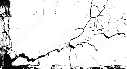 Abstract black and white vector background. Monochrome vintage surface with dirty pattern in cracks, spots, dots. Old painted wall in dark horror style design. Grunge overlay layer.
