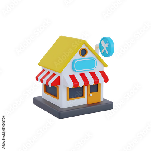 3D Cartoon Restaurant Icon with Red and White Awning and Yellow Roof Isolated on Black Background Perfect for Web Design and Mobile Applications