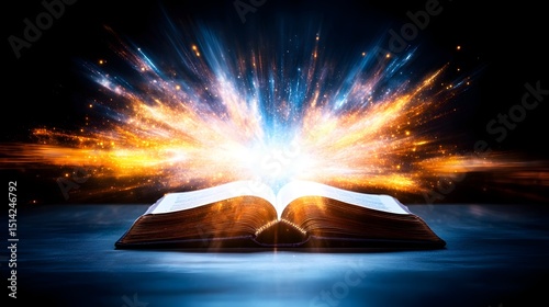 An open book on a dark surface emits a radiant, explosive burst of multicolored light and sparks