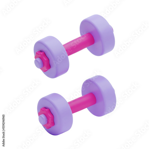 Two Isometric 3D Rendered Dumbbells in Pastel Purple and Pink on a Black Background for Fitness and Exercise Related Designs and Illustrations for Digital Platforms