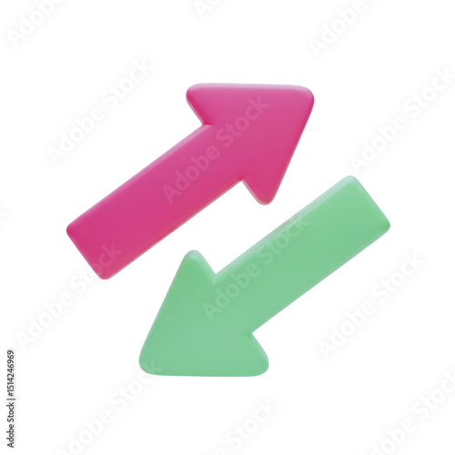 3D Rendered Pink and Green Arrows Pointing in Opposite Directions on a Black Background Representing Exchange Transfer or Reversal for Business and Financial Concepts