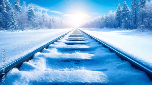 Snow-covered train tracks receding into a bright, sunlit winter forest