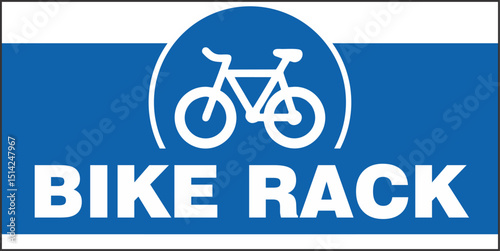 blue rectangular sign, a white bicycle icon within a blue half-circle at the top, BIKE RACK, a bicycle parking area