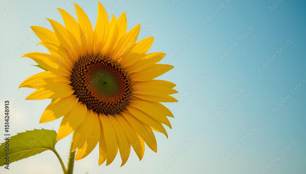 Obraz premium Close-up macro shot of a single blooming sunflower against a soft blue sky background, with vivid detail in the petals and texture — perfect for nature and wellness themes. 