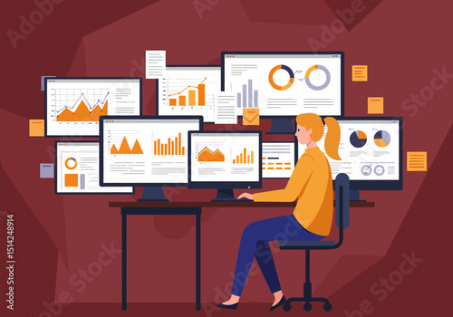 Female Analyst Working with Business Data on Multiple Computer Screens