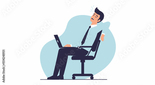 Tired Businessman Leaning Backwards with Laptop in Office Chair